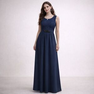 Belle Badgley Mischka Evening Dress 12 Navy Blue Lace Beaded Formal Bridesmaid